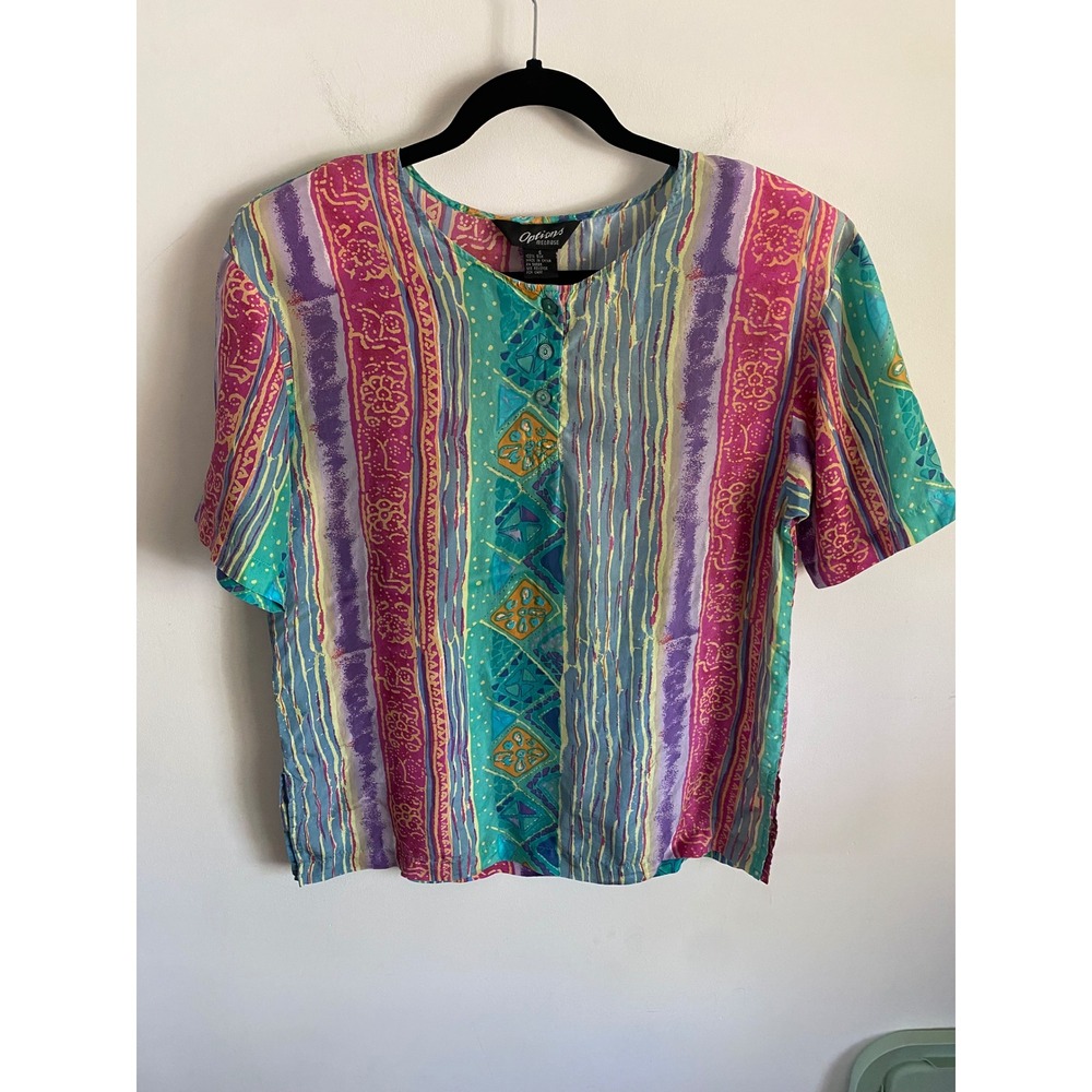 Options Melrose Womens 100% Silk Abstract Geometric Print Short Sleeve Blouse S